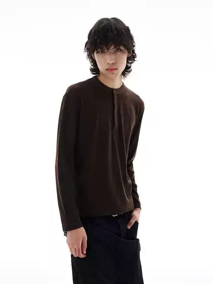 Tailang's Store Autumn American Vintage Wool Blend Henley Shirt Men's Premium Thin Long-Sleeve Base T-Shirt