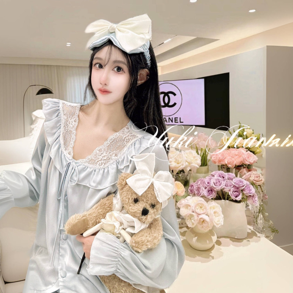 Yuki酱•⌈奶蓝梦境⌋法式水溶蕾丝睡衣女款2024新款夏季冰丝套装