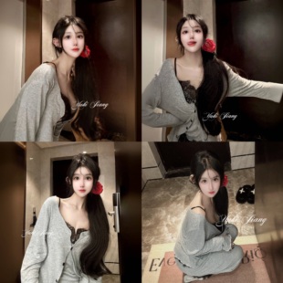 Yuki酱⌈特别的你⌋蕾丝吊带纯欲莫代尔睡衣三件套带胸垫可外穿