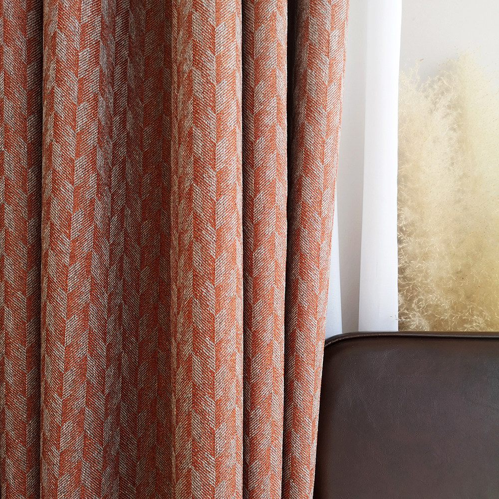 高级感复古焦糖橙暖色系窗帘定制麦穗几何提花双面棉麻遮光卧室