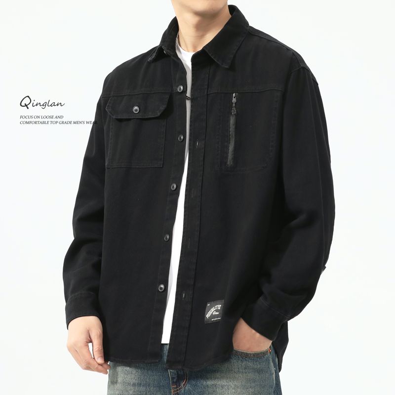 黑色纯棉重磅工装衬衫男士