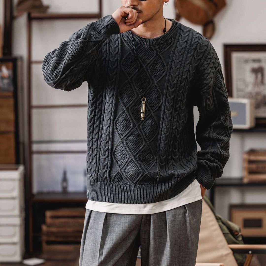 美式复古粗针麻花织衫男士
