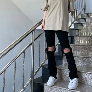 FOG高街膝盖破洞牛仔裤女夏学生黑色直筒裤子设计感显瘦长裤ins潮