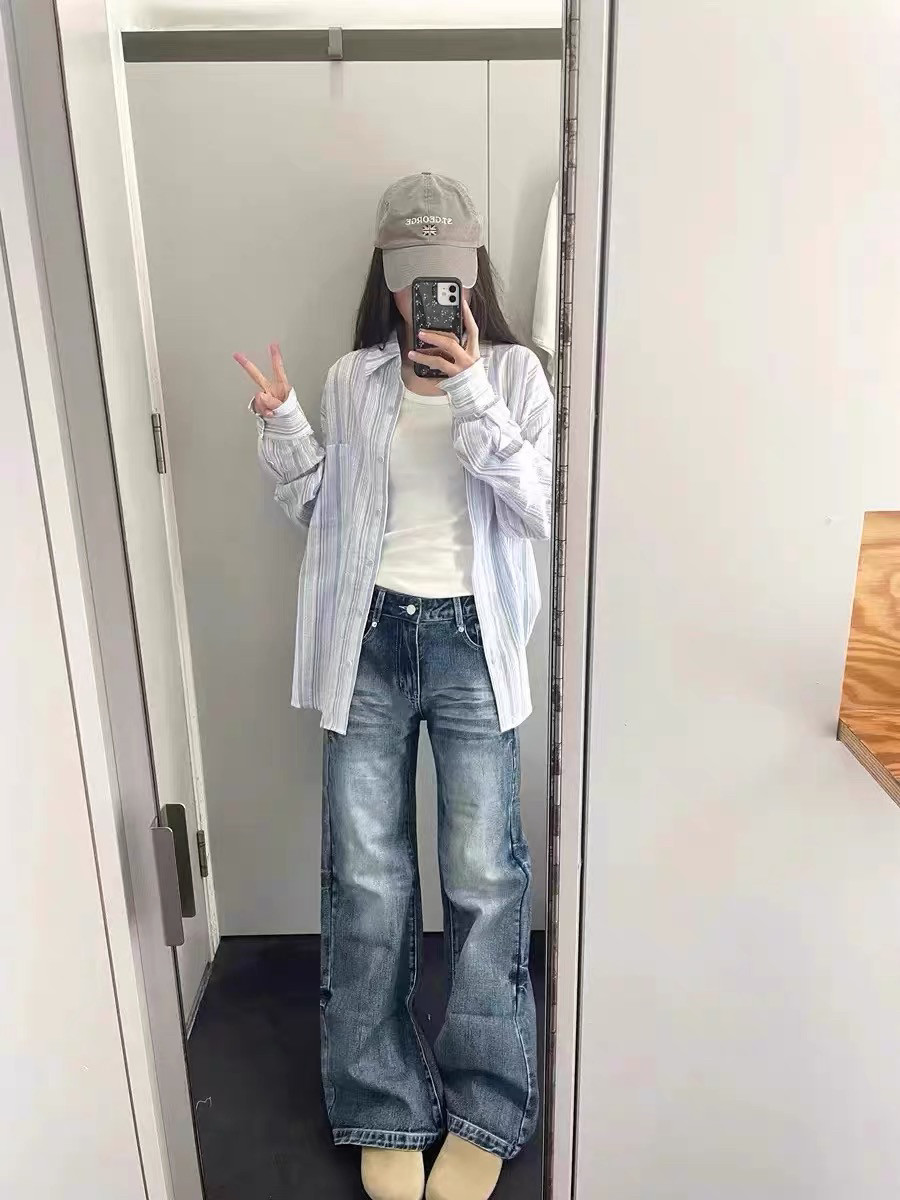 美式深复古蓝微喇牛仔裤女2025春秋季新款宽松显瘦拖地阔腿长裤子