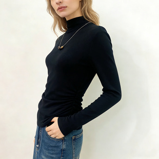Time RoaD/汤米诺极简风高领长袖T恤女2025冬收腰显瘦百搭打底衫