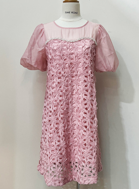 Time RoaD/汤米诺复古镂空短袖连衣裙夏小个子圆领拼接欧根纱裙子