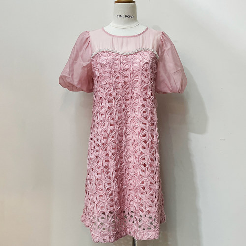 Time RoaD/汤米诺复古镂空短袖连衣裙夏小个子圆领拼接欧根纱裙子