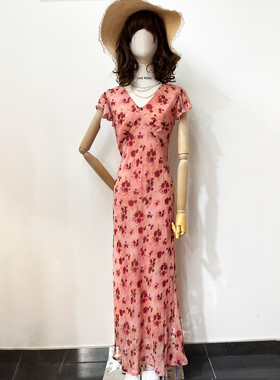 TimeRoaD/汤米诺雪纺碎花裙子女夏2025长款及膝V领收腰显高连衣裙