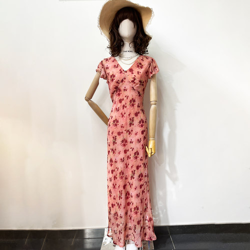 汤米诺雪纺碎花连衣裙V领长款裙