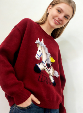 Time RoaD/汤米诺圆领毛衣女春季卡通小马套头针织衫本命年上衣