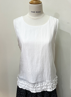 Time RoaD/汤米诺木耳边无袖上衣女夏白色苎麻亲肤舒适圆领上衣