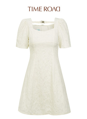 Time RoaD/汤米诺法式优雅复古方领白色泡泡袖连衣裙T25233193576