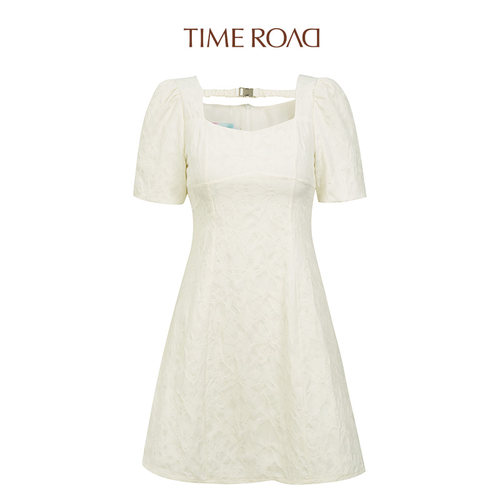 法式优雅复古方领泡泡袖连衣裙