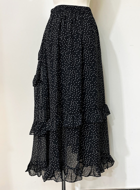 Time RoaD/汤米诺法式波点黑色高腰半身裙女2025夏季新款洋气宽松