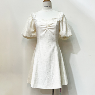 Time RoaD/汤米诺夏季纯色方领优雅气质收腰短袖显廋显高连衣裙