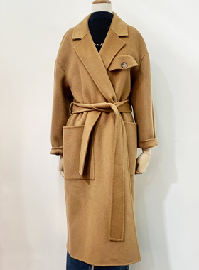 Time RoaD/汤米诺复古毛呢大衣女长款束腰驼色外套2025冬季新款