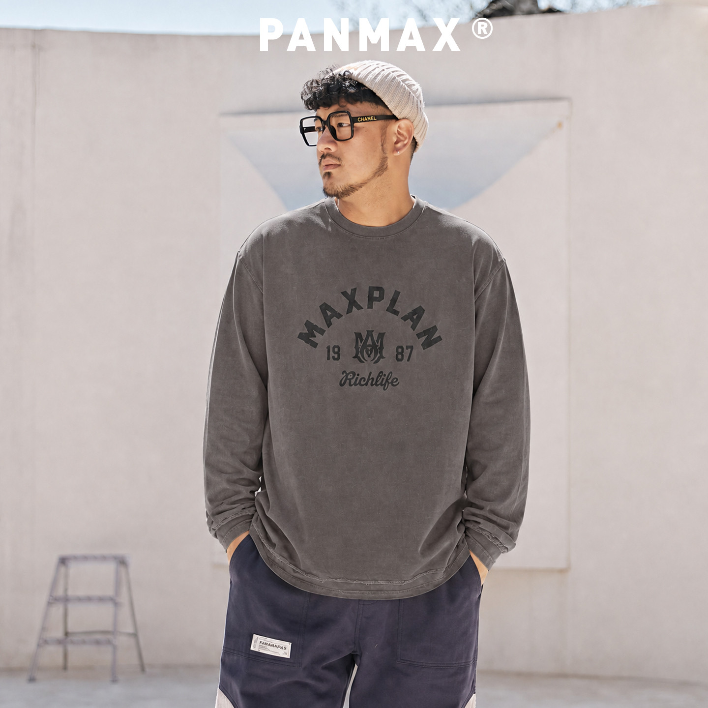 PANMAX大码美式字母长袖T恤男