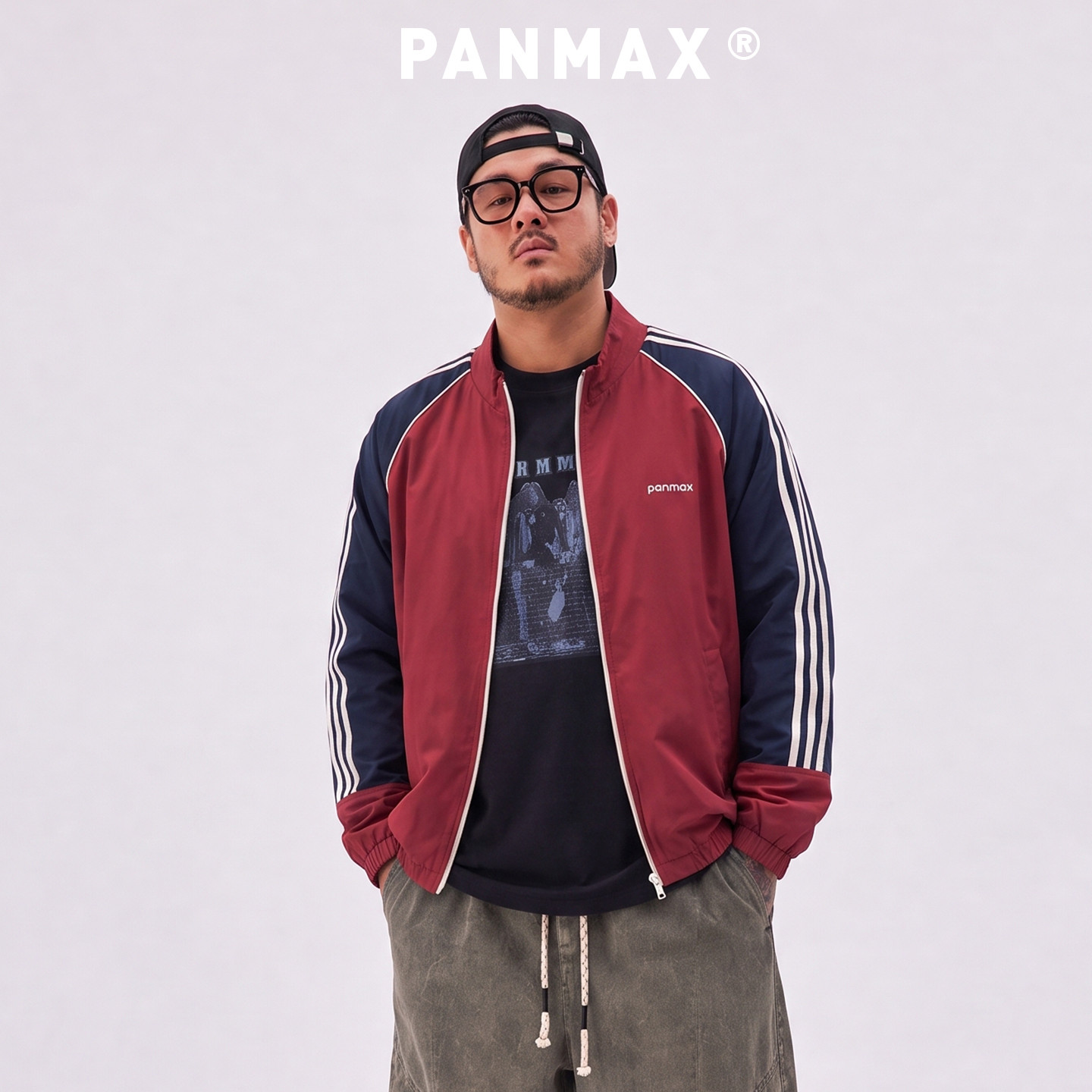 PANMAX潮牌大码双面复古三条杠运动外套秋新款宽松休闲运动夹克衫
