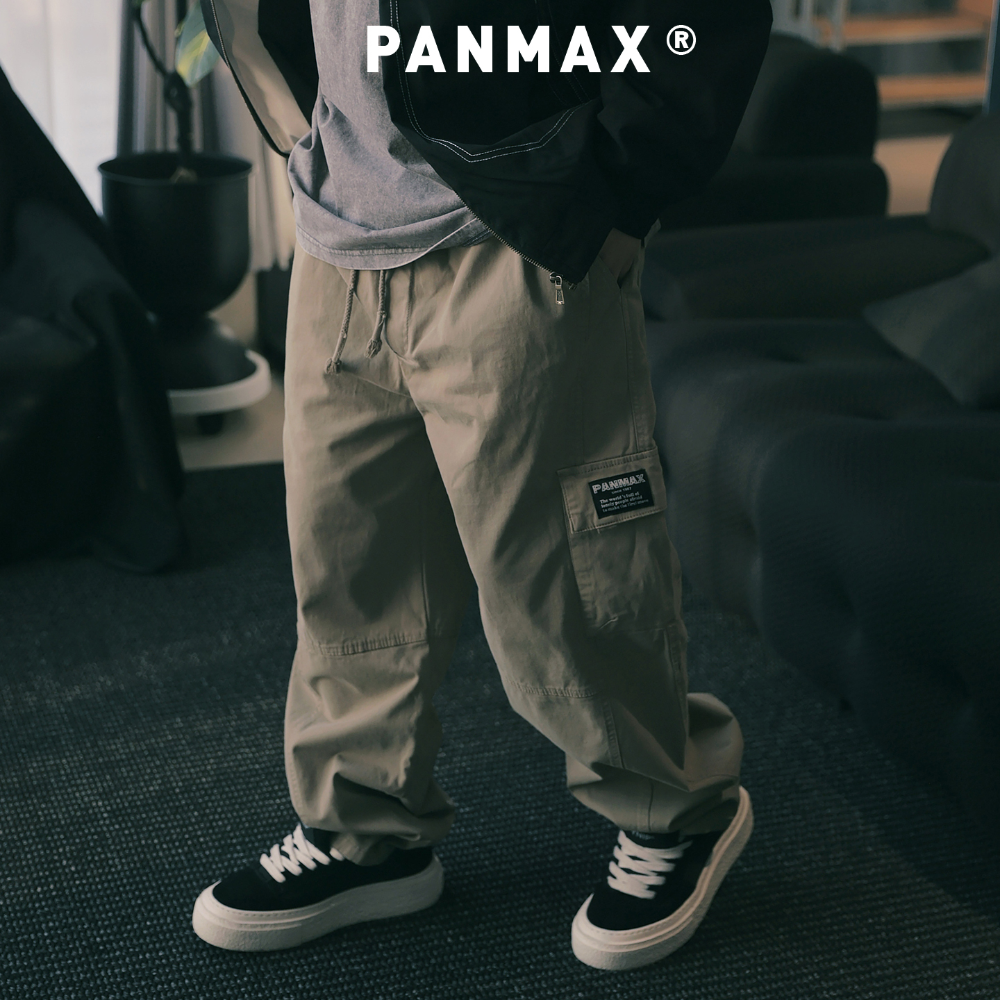 【工装裤】PANMAX潮牌大码男装2025秋冬新款美式复古抽绳腰带直筒