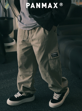 PANMAX潮牌大码男装秋冬新款直筒工装裤美式复古抽绳腰带立体拼接