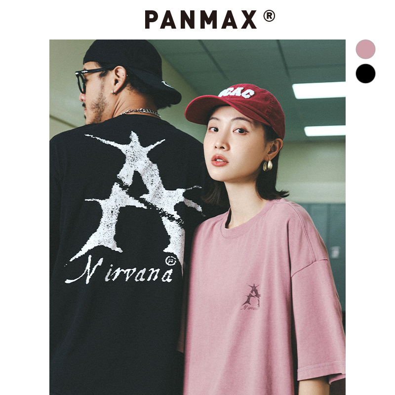 PANMAX潮牌大码男装2025夏季新款暗黑元素字母印花纯棉短袖T恤男