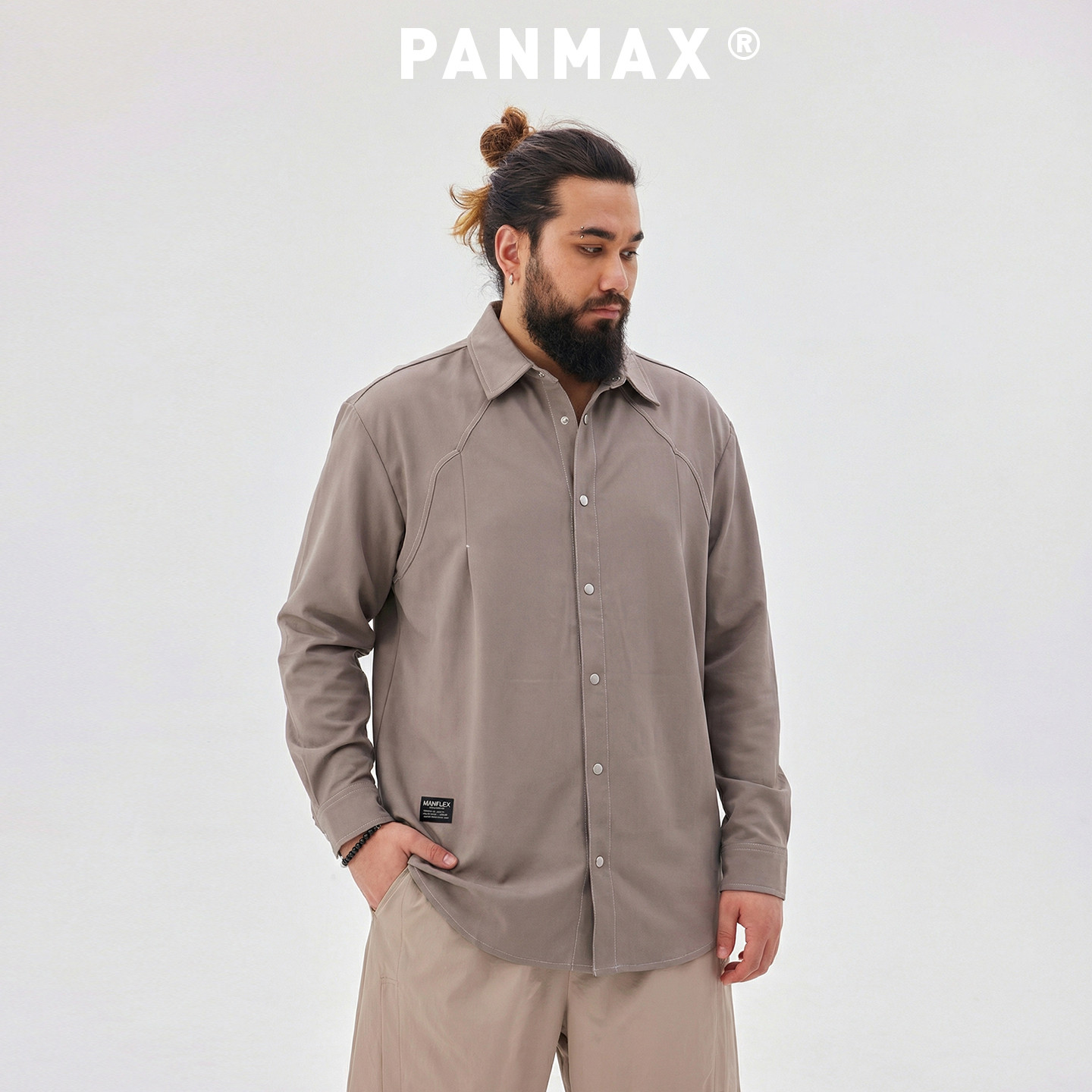 PANMAX潮牌男装春秋衬衫翻领工装风长袖衬衫白色明线拼接设计