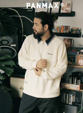 PANMAX潮牌大码男装半拉链卫衣运动POLO领长袖竖条纹宽松百搭上衣
