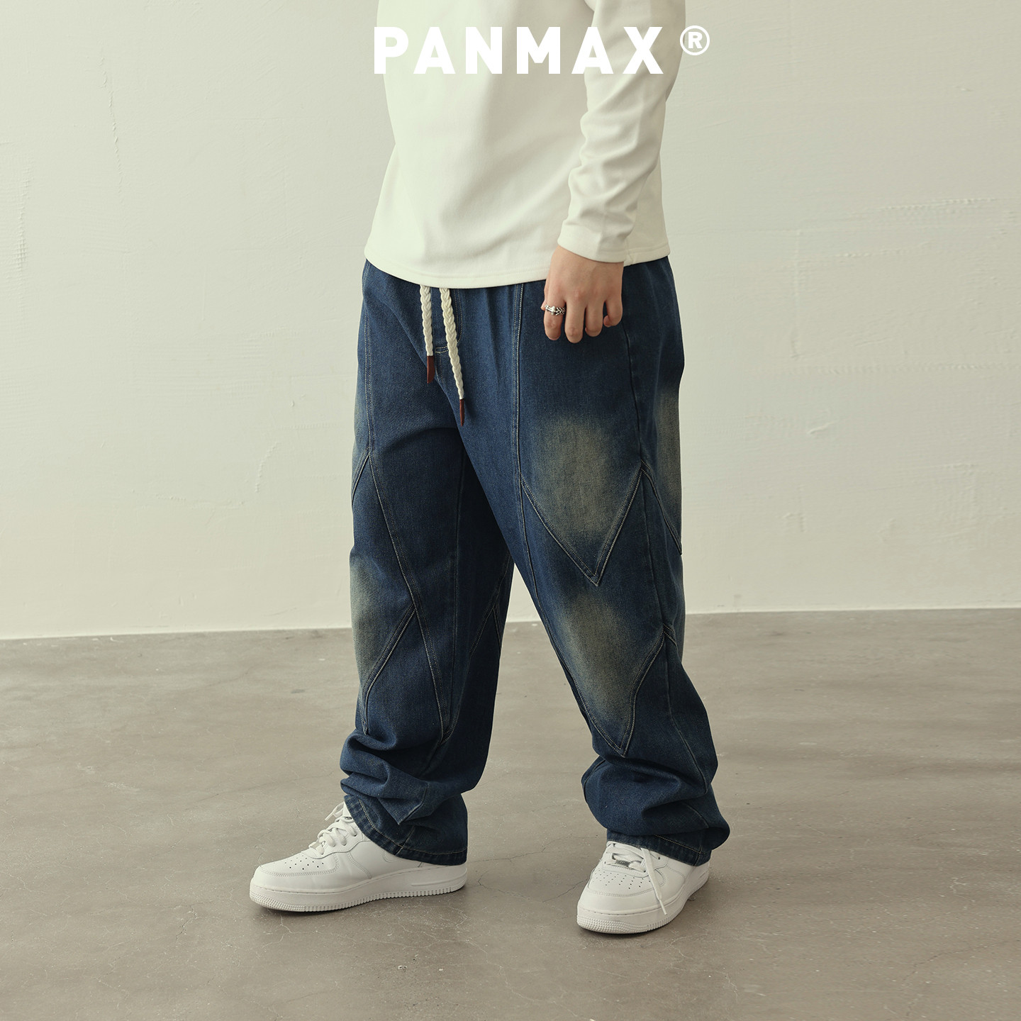 V形拼接水洗牛仔裤PANMAX大码