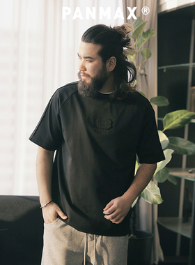 PANMAX大码潮牌男装插肩袖立体贴布绣短袖T恤纯色加大百搭上衣男