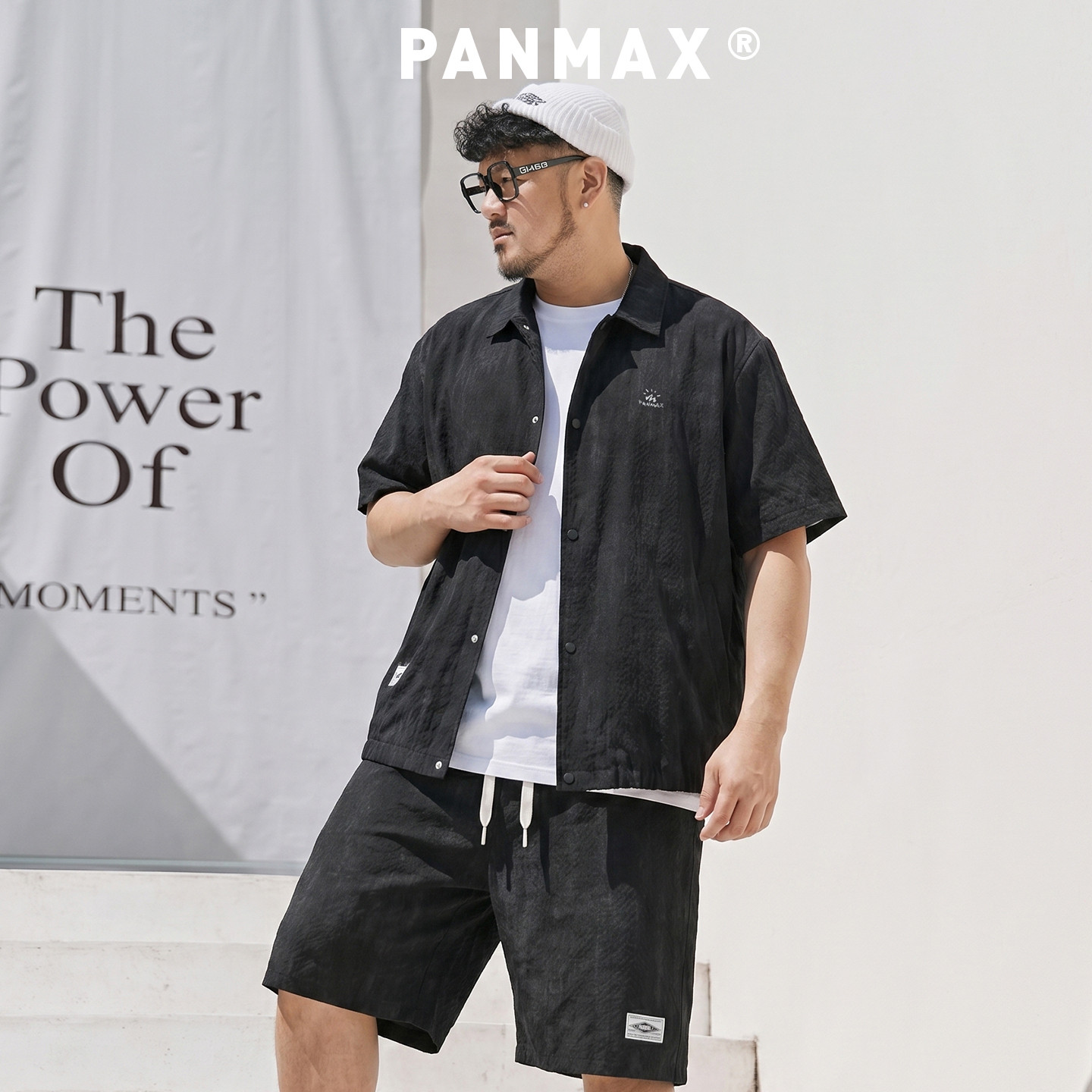 PANMAX大码潮牌男装泡泡纱肌理感短袖衬衫休闲短裤五分裤两件套