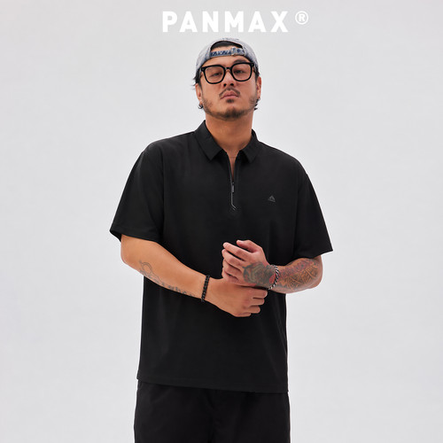 PANMAX潮牌大码美式休闲户外透气弹力POLO衫宽松短袖拉链半袖T恤