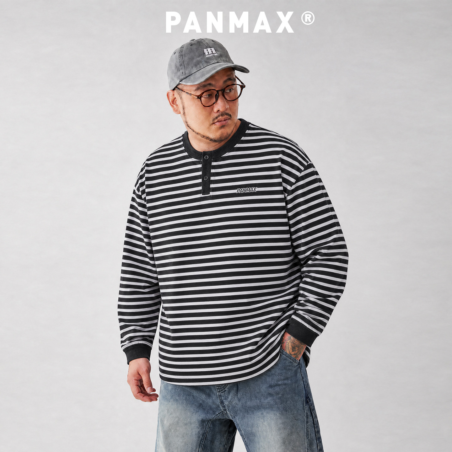 PANMAX潮牌大码美式复古亨利领条纹卫衣男春秋季简约高街休闲上衣