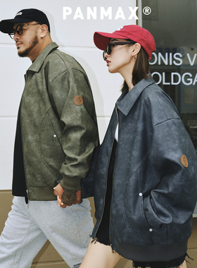 PANMAX大码潮牌男装美式复古廓形翻领机车PU皮夹克美拉德外套棉服