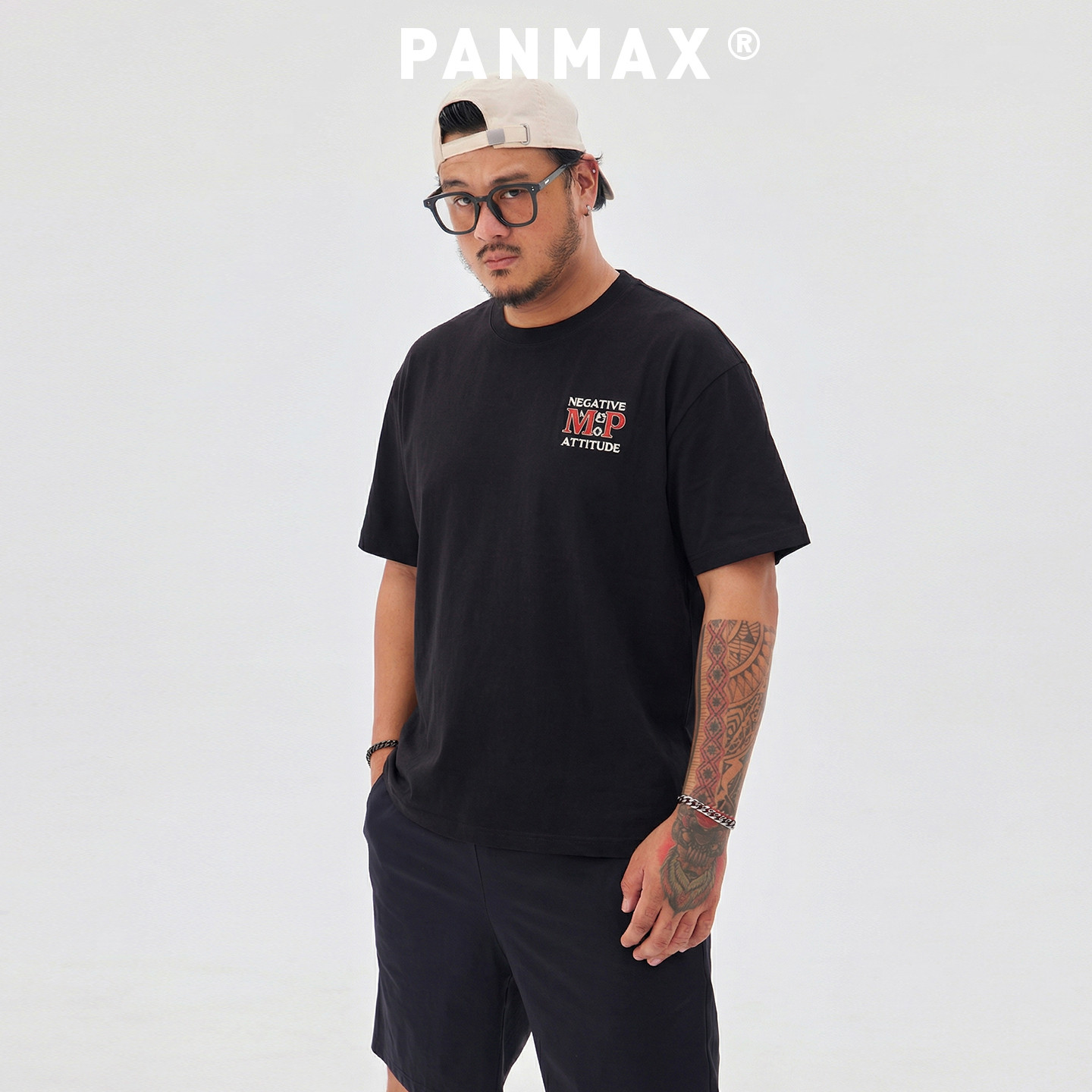 PANMAX潮牌大码男装2026夏美式休闲文字印花T恤宽松短袖棉涤5分袖