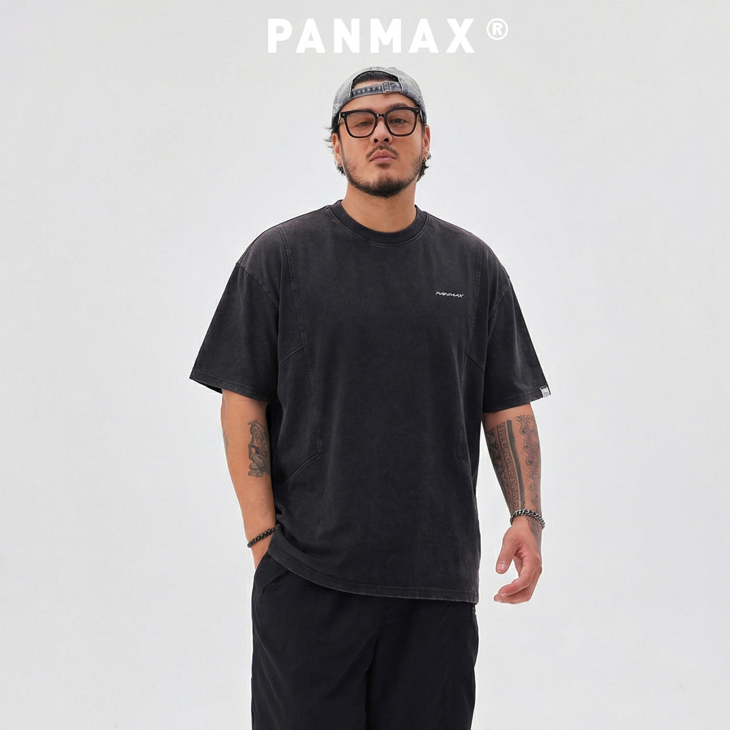 PANMAX潮牌男装春夏短袖T恤拼接缝线T恤简约百搭纯棉水洗做旧设计