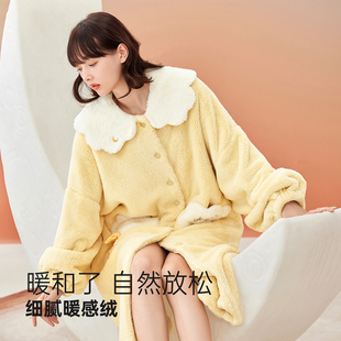 保暖休闲甜美加绒法兰绒中长款 安之伴加厚珊瑚绒睡袍女秋冬季 浴袍