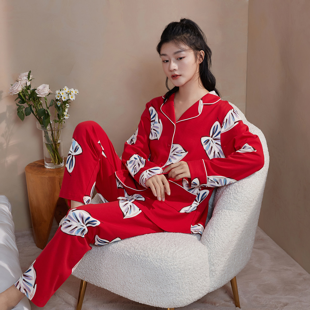 安之伴春秋款纯棉女睡衣开衫套装休闲大红宽松大码外出长袖家居服
