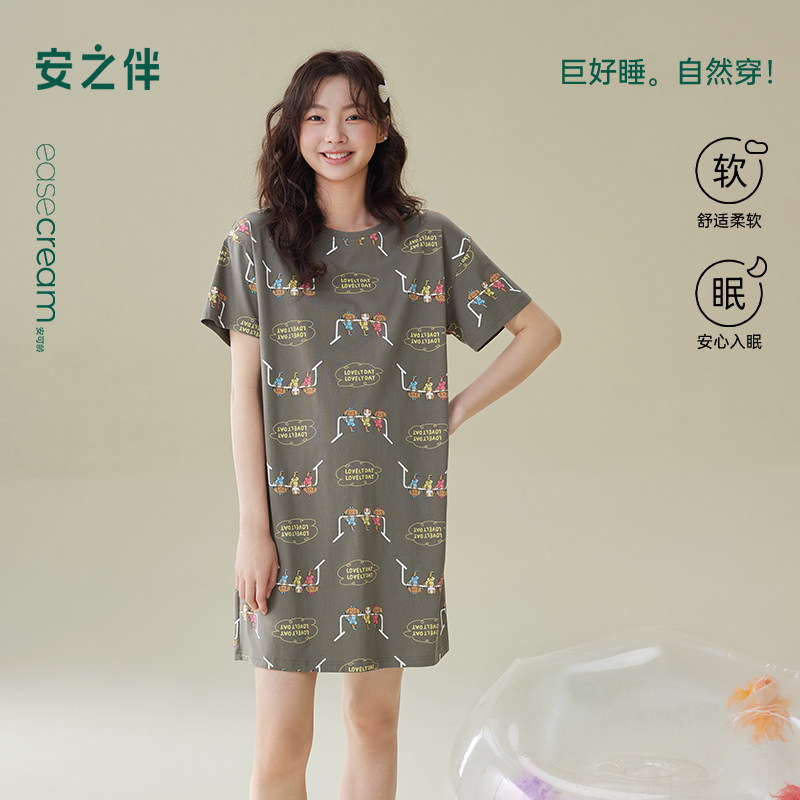 安之伴夏季女睡裙纯棉甜美卡通休闲宽松中长款短袖睡衣全棉可外穿