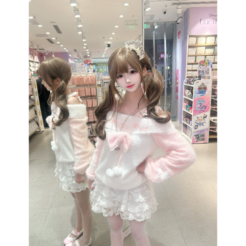 妄想少女原创奶丸兔兔可爱软萌纯欲一字肩蝴蝶结粉毛衣秋冬甜美软