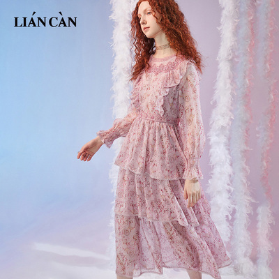 【莲灿】特价浪漫高收腰显瘦印花刺绣雪纺长袖连衣裙 7120424002