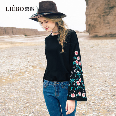 裂帛民族风领长袖t恤女春季新款黑色显瘦休闲女士上衣51EO0401