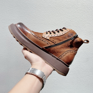 靴高帮皮鞋 复古厚底马丁靴男真皮拉链短靴子美式 英伦风切尔西工装