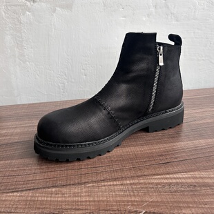 黑色休闲马丁靴百搭型高帮皮鞋 厚底短靴真皮拉链切尔西靴子 冬季
