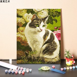 数字油画diy填充手工治愈系田园鲜花小花猫儿童手绘填色油彩画画