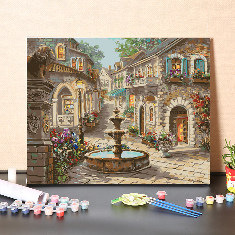 数字油画diy填充解闷手工填色欧式城市喷泉风景手绘丙烯油彩画画