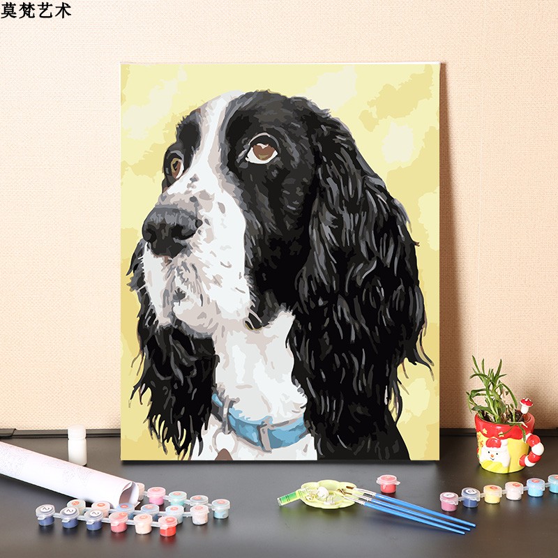 数字油画diy填充油彩画萌宠动物史宾格犬装饰画手工丙烯涂色画画图片