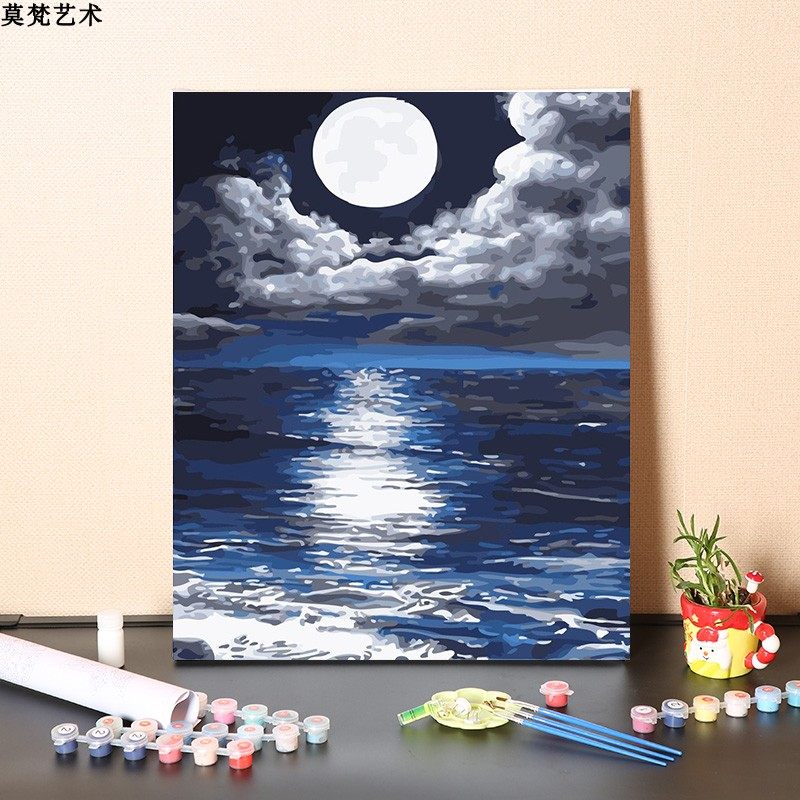 数字油画diy填充手工海上明月风景画填色圆月亮涂色丙烯油彩画画