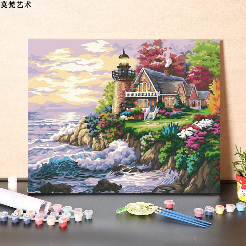 数字油画diy手工填充海边的梦风景画手绘消磨时间画画涂色油彩画