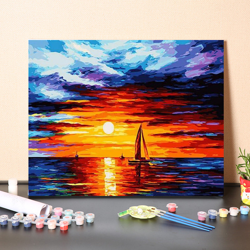 数字油画diy填充海上日出客厅手工填色蒸蒸日上风景油彩丙烯画画