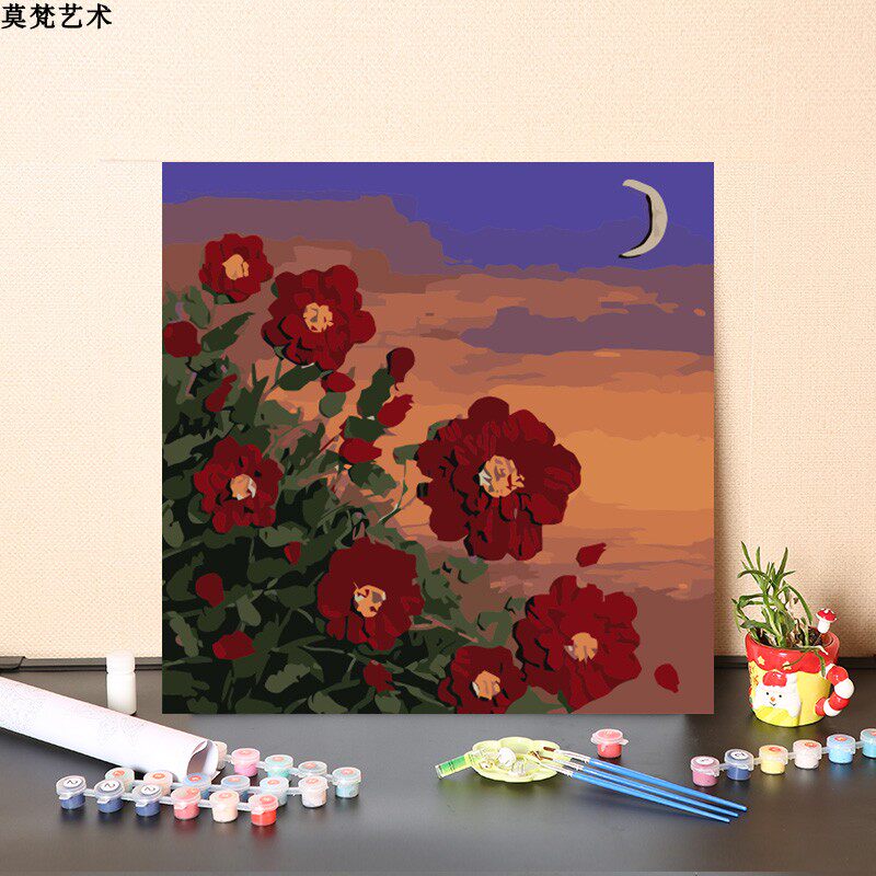 数字油画diy填充手工月光下复古红色玫瑰花卉手绘填色丙烯油彩画